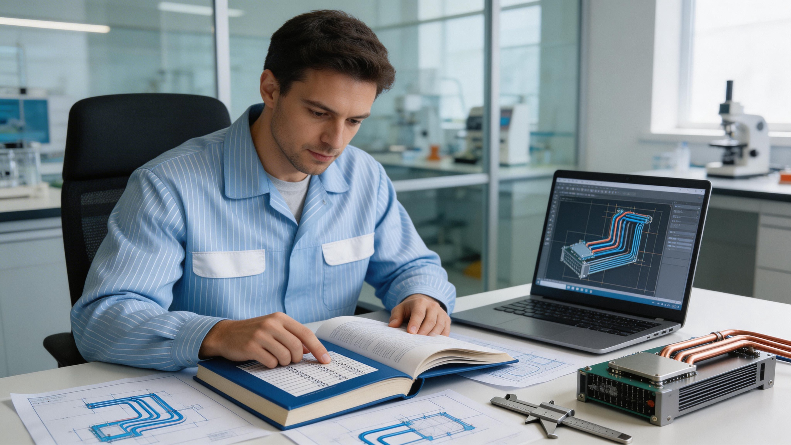 jimeng-2026-03-30-9968-液冷散热器工程师，男性，30岁左右，穿着浅蓝色防静电工作服，坐在现代化的办公工位....png